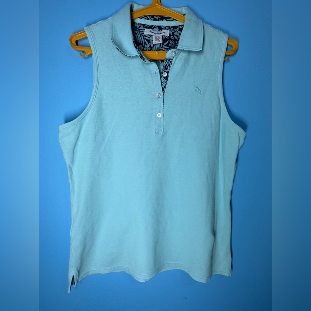Tommy Bahama Women's Light Blue Sleeveless Pique
Polo Shirt with Floral Trim - Picture 7 of 10